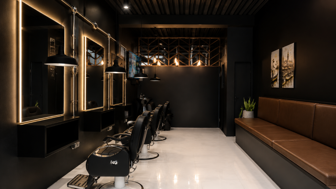 Interior da barbearia com cadeiras, espelhos iluminados e sofá de couro