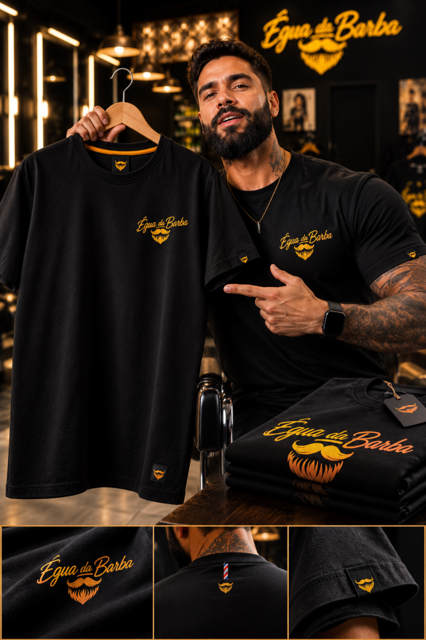 Homem vestindo a camiseta preta da Égua da Barba com logo dourado