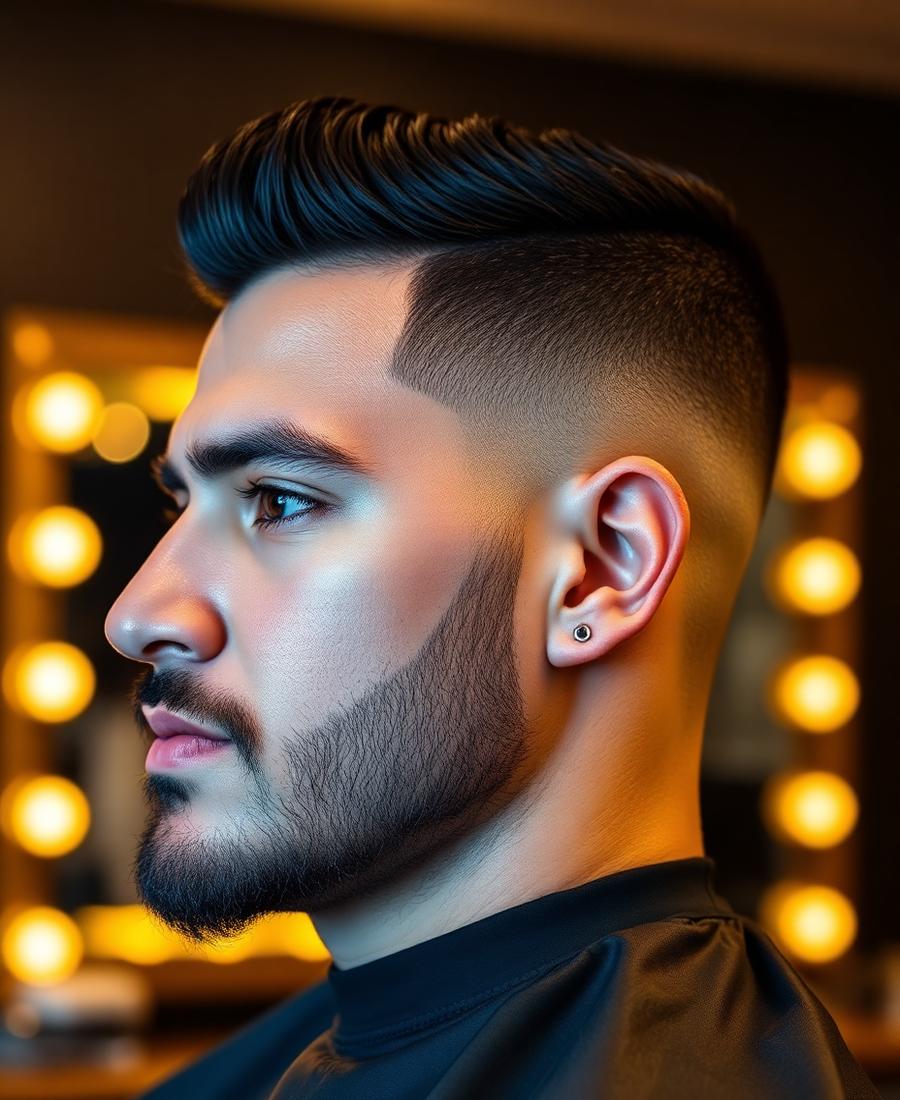 Corte finalizado com degradê e barba alinhada