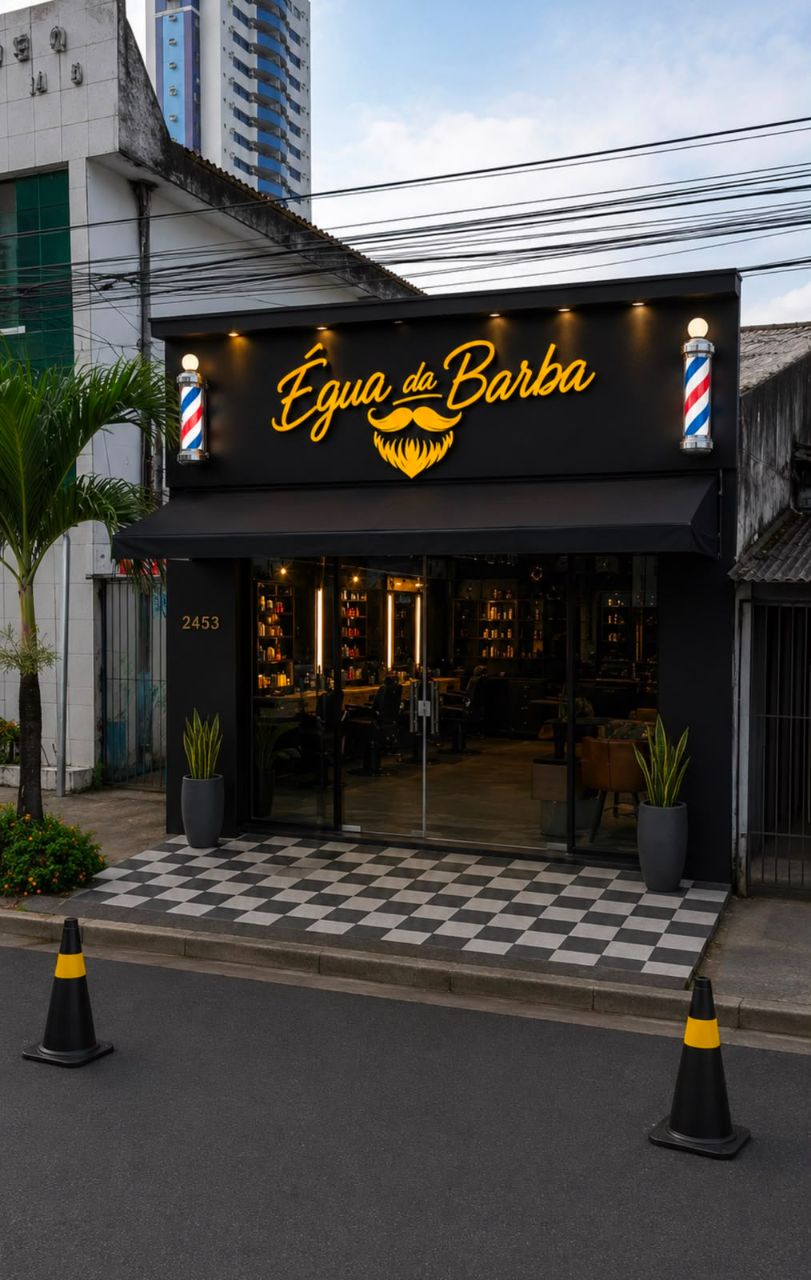 Fachada preta com calçada xadrez e postes de barbeiro